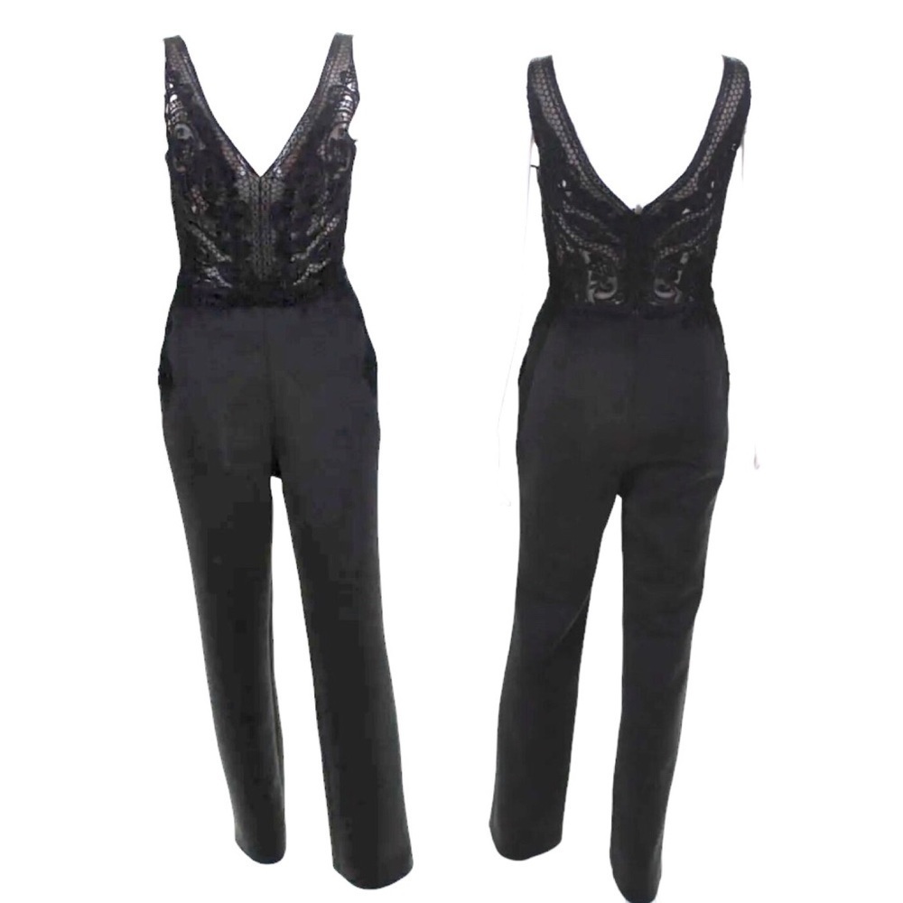 NWT Badgley Mischka Jumpsuit Size 0 Black Nude Mesh Lace Straight Leg